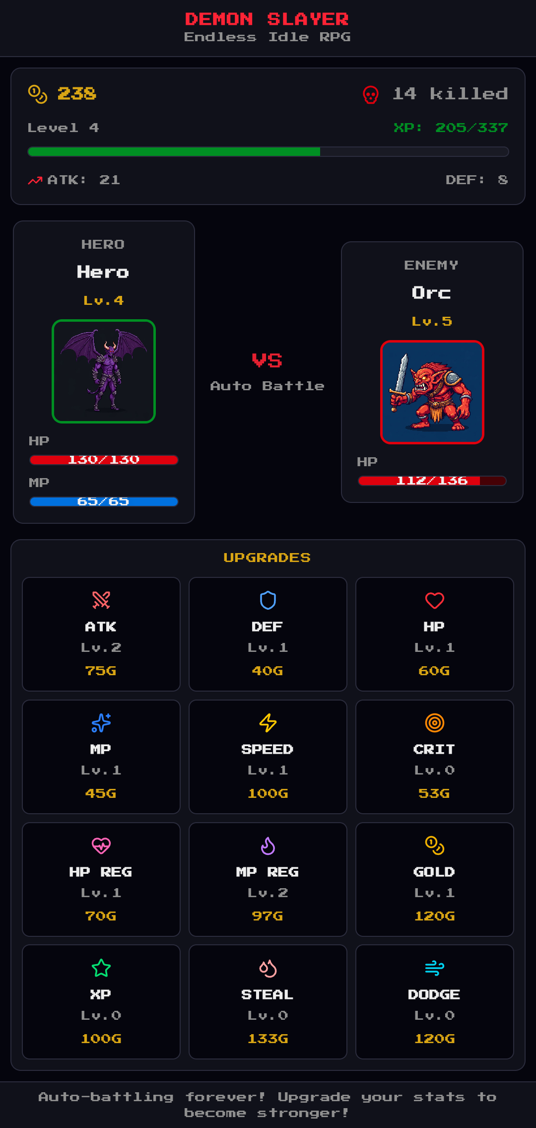 Endless Idle RPG battle screen