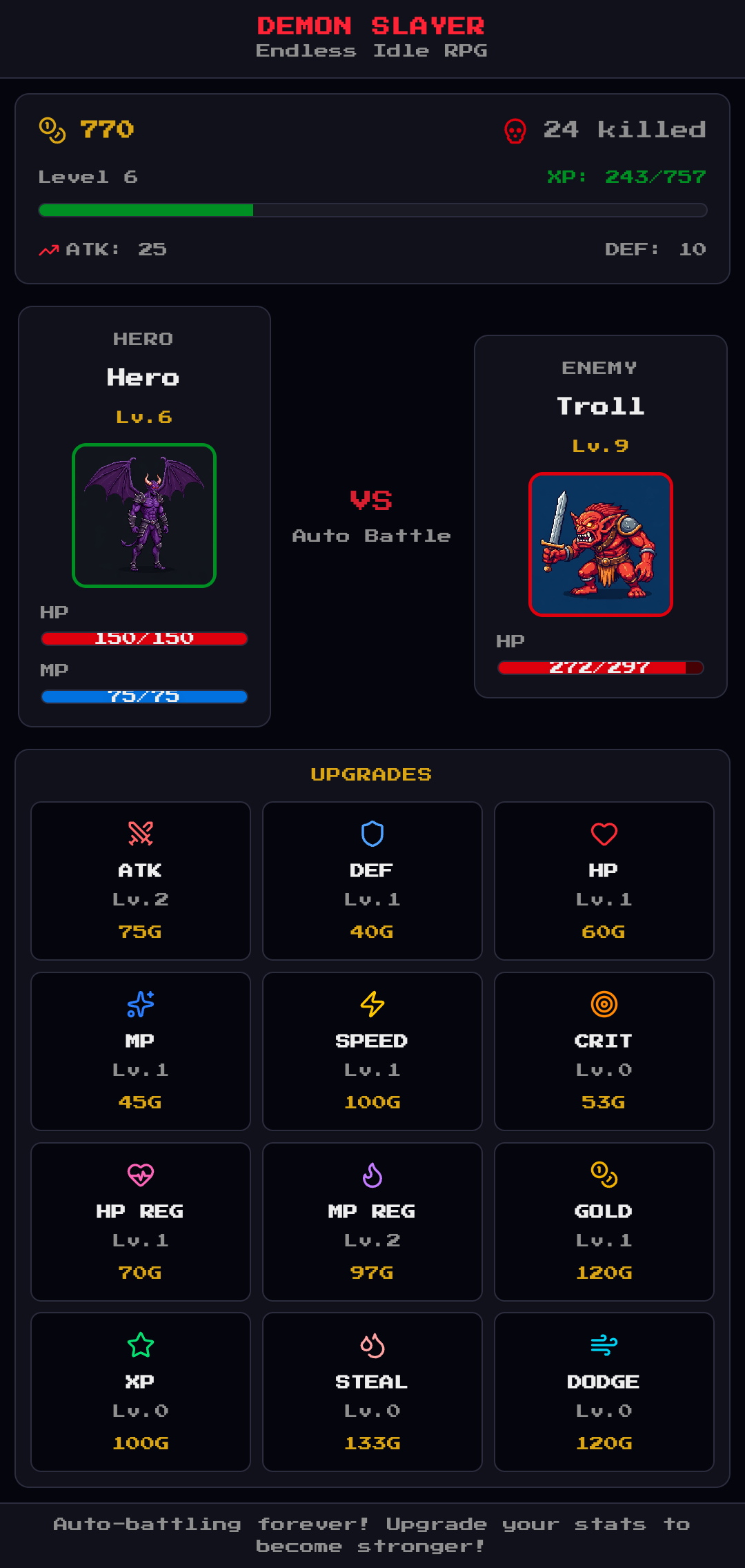 Endless Idle RPG upgrade screen